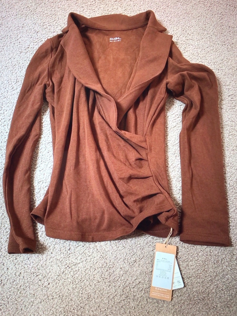 OGL Rust Brown Draped Shawl-Collar Wrap Top